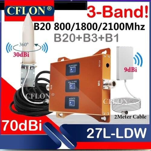4G Signal Booster B20 800 1800 2100Mhz Tri-Band CellPhone Cellular Amplifier GSM Repeater 2G3G4G Mobile Signal Booster Repeater