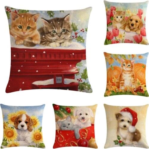 Funny Cute Kitten Puppy Cushion Cover Cats and Dogs Flower45cm*45cm Home Decorative Pillow Cover for Sofa Car Cojines