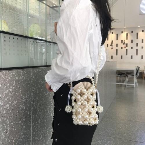 Fashion Hollow Pearls Bucket Bag for Women Design Beading Shoulder Crossbody Bags Luxury Summer Beach Bag Small Phone Purse 2021