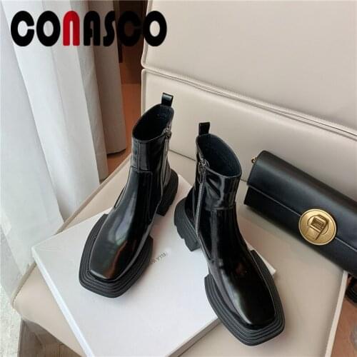 CONASCO 2021 Women Ankle Boots Autumn Winter Warm Genuine Leather Casual Prom Shoes Concise Square Heels Motorcycle Woman Boots