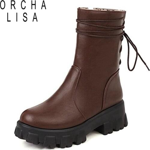 ORCHALISA Punk Women Mortorcycle Mid-Calf Boots Shoes Round Toe Thick Bottom Platform Winter Warm Lace Up Ladies 34-43 S2456