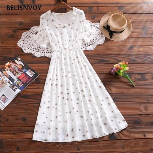 2021 New Summer Women Sweet Long Romantic Dress Ruffled Collar Floral Printed Dress Short Sleeve Korean Chic Chiffon Dresses