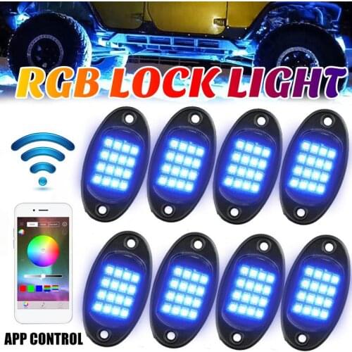 12V 8 In 1RGB LED Rock Light Under Body Light 28W Car Atmosphere Lamp bluetooth control Offroad Pickup SUV ATV Truck Rock Lamp