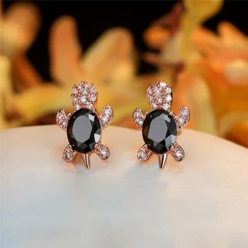 Antique Black Stone Oval Zircon Cute Turtle Stud Earrings For Women Wedding Jewelry Gold/Black/Rose Gold/Silver Color Earrings