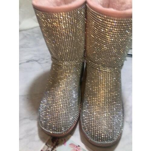 Crystal Women Snow Booties Round Toe Slip On Warm Thickened Ankle Boots Flat Shiny Bling Bling Winter Shoes Women Cold Day