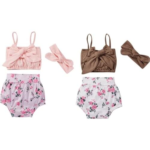 FOCUSNORM 0-24M Summer Baby Girls Clothes Sets 3pcs Strap Sleeveless Bow Vest Tops Floral Shorts Headband