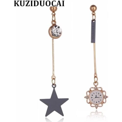 Kuziduocai 2018 New ! Fashion Fine Jewelry Copper Alloy Zircon Asymmetry Star Clock Tassel Stud Earrings For Women Gift E-1299