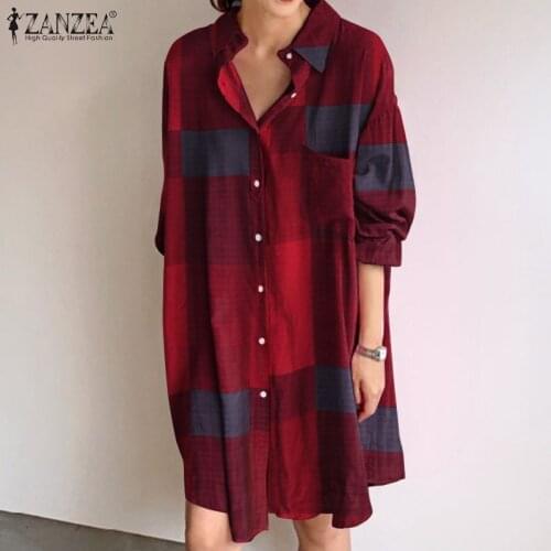 ZANZEA Summer Vintage Plaid Checked Mini Dress Women Long Sleeve Sundress Robe Femme Casual Lapel Neck Buttons Shirt Vestidos