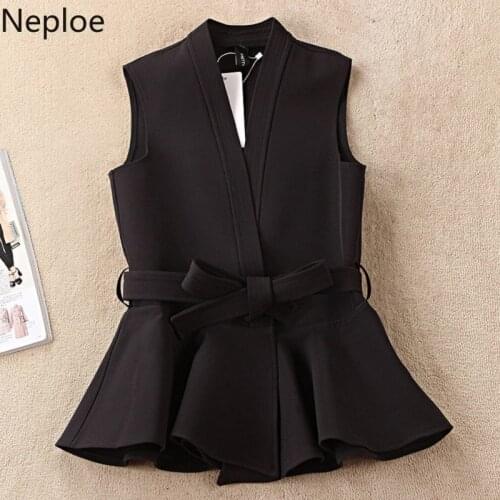 Neploe Ruffles Tank Tops Women Korean V Neck Sleeveless Office Lady Camis Spring 2021 Solid Lace Up Slim Fit Female Vest 1B502