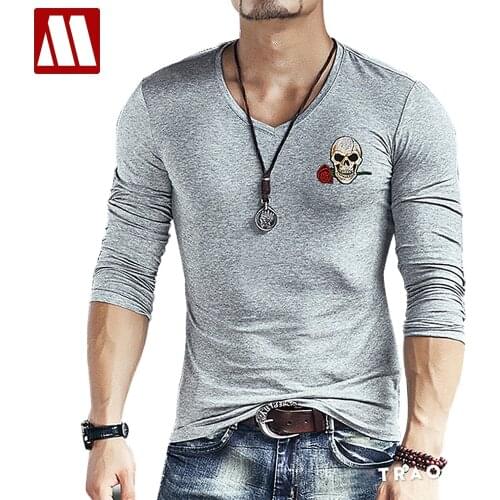 2021 New Fashion Brand Skull embroidery Slim Fit Long Sleeve TShirt Men Tee V Neck Casual T-Shirt Cotton T Shirts Plus Size 5XL