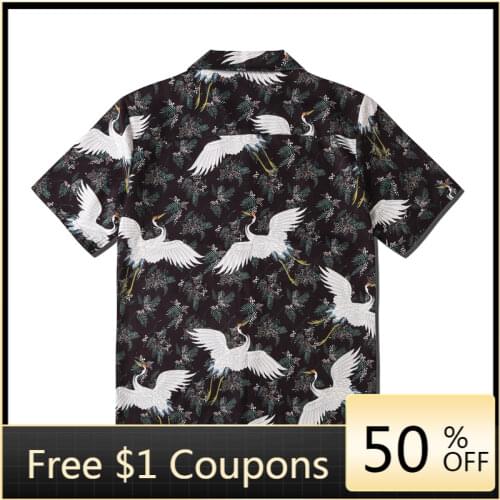 New INS Super Fire Crane Floral Shirt Short-sleeved Mens Korean Handsome Loose Hawaiian Beach Vacation Shirt Beach Shirt