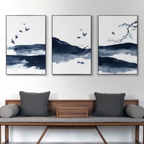 Chinese New Abstract Ink Landscape Canvas Paintings Blue Posters Flying Birds Print Wall Art Pictures for Living Room Decoration