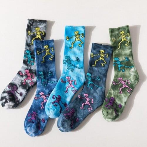 New Tie-dye Skull Men Socks Fashion Skateboard Cotton Hip-hop Street Clothing Casual Harajuku Funny Socks Novelty Gifts for Men