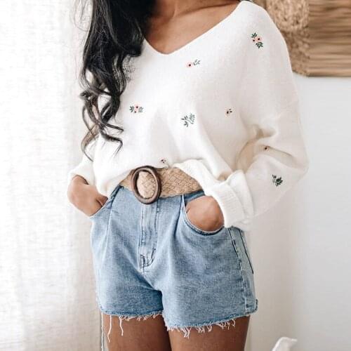 Dabourfeel Autumn 2021 Women Clothing Oversize Long Sleeves V-neck Loose Floral Embroidery Casual Women Homewear Warm Sweater