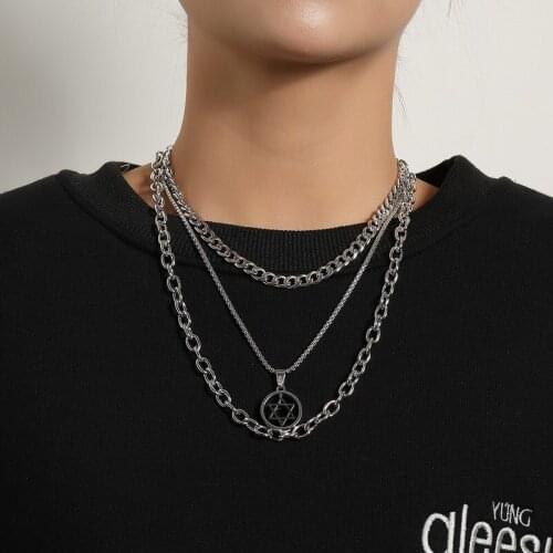 Punk Multilayer Thick Chains Necklaces for Women Fashion Temperament Geometric Hexagram Pendant Necklace Vintage Party Jewelry