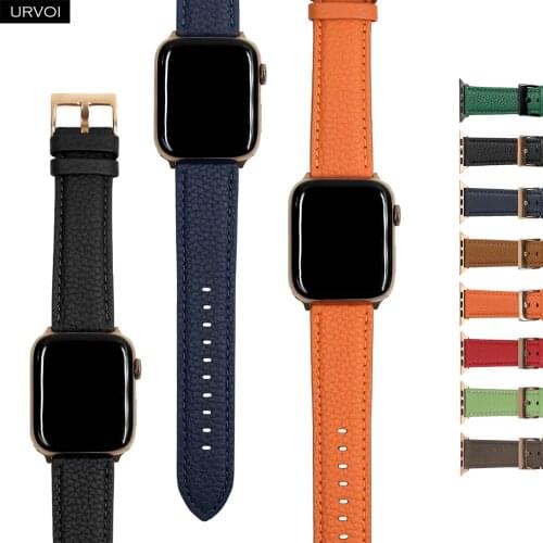 URVOI strap for Apple Watch series 6 SE 5 4 3 2 1 genuine litchi grain leather band for iWatch black rose gold buckle 40 44mm