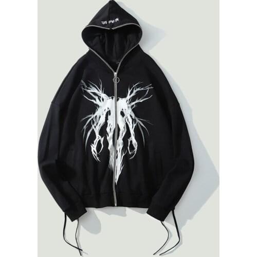 High Street Punk Graphic Printing Zipper Ribbon Hooded Sweatshir Cardigan Mens Womens Hip Hop Oversized Casual Fashion Hoodies