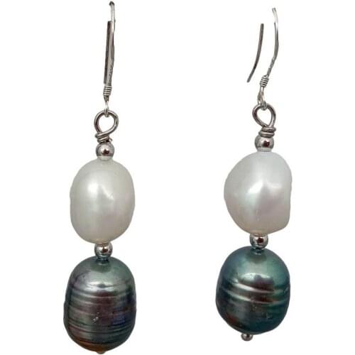 Y·YING Cultured Freshwater White Baroque Pearl Black Rice Pearl Dangle Hook Earrings