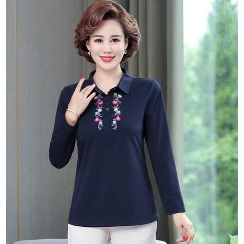 Embroidery Lapel Women t-Shirt Long Sleeve Middle Aged Mother Tee Tops Spring Fall Pullover Casual Plus Size 5XL Tops 2021