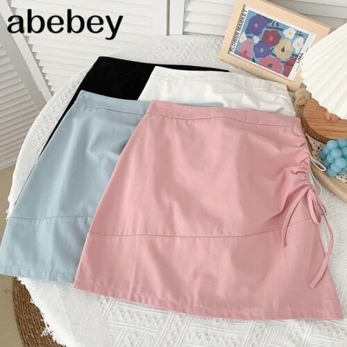 2021 New Summer Fashion versatile solid Skirt drawstring pleated high waist lace up short A-line Skirt
