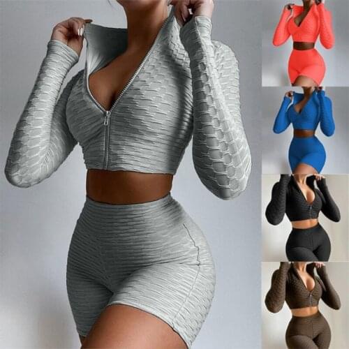 40GC Womens 2 Pieces Seamless Yoga Outfits Long Sleeve Zip Up Crop Top and High Waist Compression Shorts Solid Color Pineapple