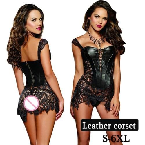 Plus Size 6XL Womens Sexy Faux Leather Corset Top With Lace Skirt Black Steampunk Gothic Bustier Lingerie Lace up Zipper Corset