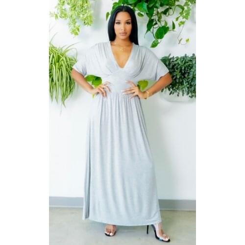 OL Commuter Grand Swing Dress Womens Bat Sleeves Dark V Collar Sexy Elegant Urban Casual Solid Color Long Skirt 2021 Summer New