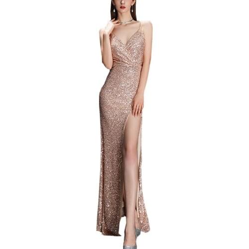2020 Elegant Sequins Beading Long V-Neck Backless Sexy Party Floor Length Women Dress Vestidos