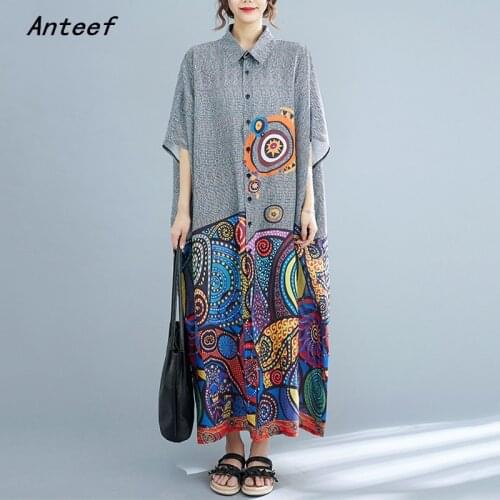 Short sleeve cotton vintage floral dresses for women casual loose long woman summer shirt dress elegant clothes 2021