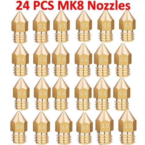 24PCS MK8 Extruder Nozzle 1.75mm 3D Printer Nozzle 0.2mm 0.3mm 0.4mm 0.5mm 0.6mm 0.8mm 1.0mm for Makerbot Creality CR-10 Ender 3