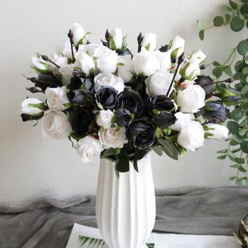 3PCS 3 Heads Retro Black White Rose Artificial Flowers Silk Flowers for Wedding Home Decoration Fake Flowers Fall Decorations