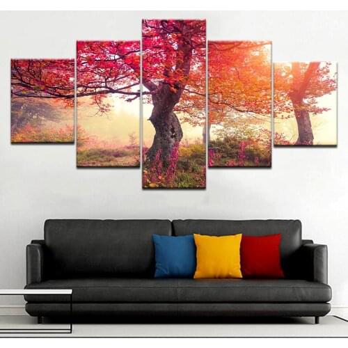 5 Panel/piece HD Print Waterproof Canvas Painting Autumn Forest Maple Leaves Landscape For home living room decoration