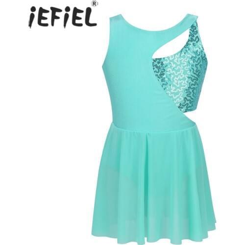 Kids Girls Asymmetrical Ballerina Stage Costume Sequins Keyholes Figure Ice Skating Roller Skating Ballet Dance Leotard Dress