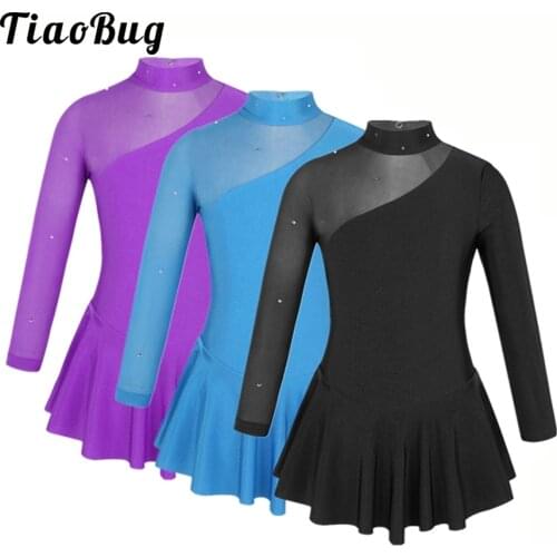 Girls Figure Ice Skating Dress Long Sleeves Mock Neck Splice Cutouts Gymnastics Roller Skating Ballet Leotard Dress