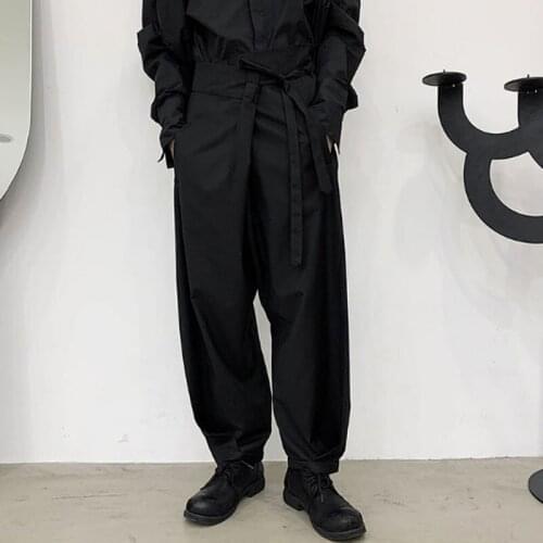 Homem japão streetstyle moda casual laço-up harem pant masculino vintage solto preto escuro calças largas perna