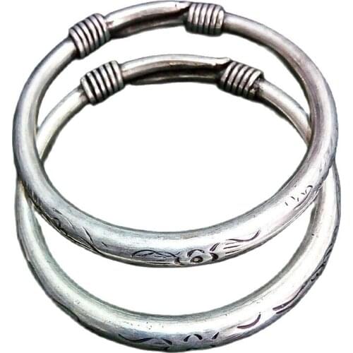 China Tibetan Silver Carved Round Bar Silver Bracelet A Pair