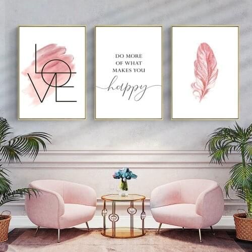 Blush Pink Wall Art Feather Canvas Painting Inspirational Quote Poster and Print Love Sign Picture for Girl Room Decor Home Deco