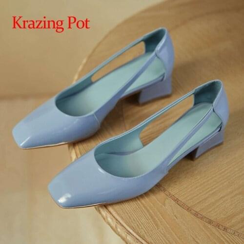 Krazing Pot patent leather square toe med heel summer shoes beauty lady streetwear French romantic fashion solid women pumps L07