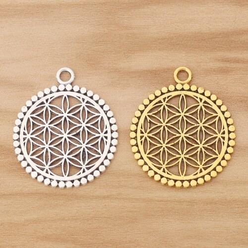 20 Pieces Tibetan Silver/Gold Tone Flower of Life Circle Round Charms Pendants Beads for Jewellery Making Findings 25x25mm