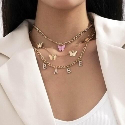 Fashion Temperament Butterfly Rhinestone Letters BABE Pendant Necklace Women Multilayer Thick Chains Geometric Choker Necklaces
