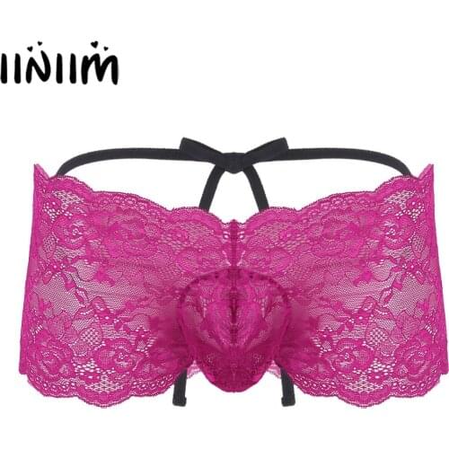 Mens Wetlook Sexy Underwear Floral Lace Bulge Pouch Jockstraps Gay Lingerie Crotchless Exotic Panties Open Butt Sissy Briefs