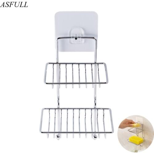 ASFULL Brand Creative Double layer Stainless Steel Soap Stand Wall hanging Suction cup style Soap dish Organizer Bathroom Shelf