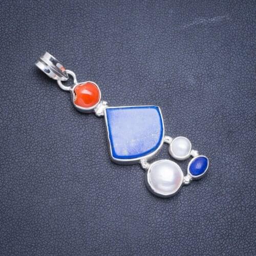 Natural Lapis Lazuli,River Pearl and Red Coral Handmade Unique 925 Sterling Silver Pendant 2" A0524