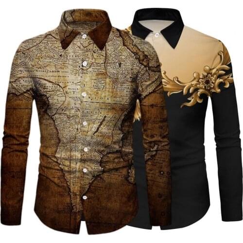 Shirt Casual Turn-Down Collar Single-breasted Vintage Long Sleeve Men Top for Business