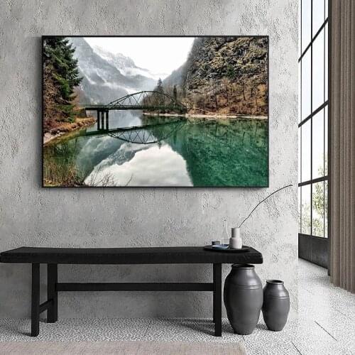 Fresh Natural Scenery Poster Green Grassland Lake Bridge Flower Sea Country Road Art Canvas Painting Wall Art for Living Room