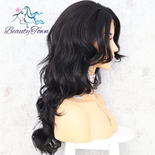 BeautyTown Black Color Heat Resistant Yaki Hair Deep L Type Big Wave Daily Wedding Makeup Halloween Synthetic Lace Front Wigs