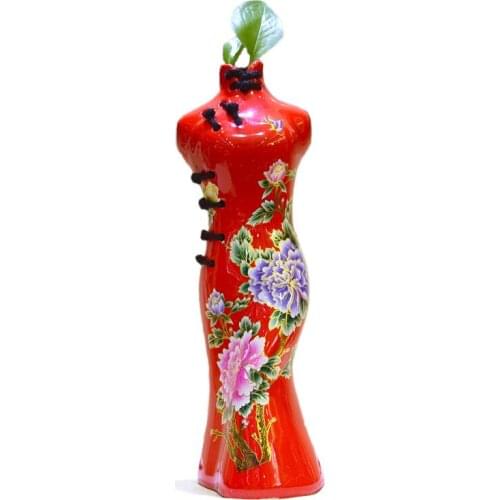 Traditional Chinese Cheong-sam Jingdezhen Porcelain Tabletop Vase Set (3 pcs) with Peony Painting Decoration V-QP001