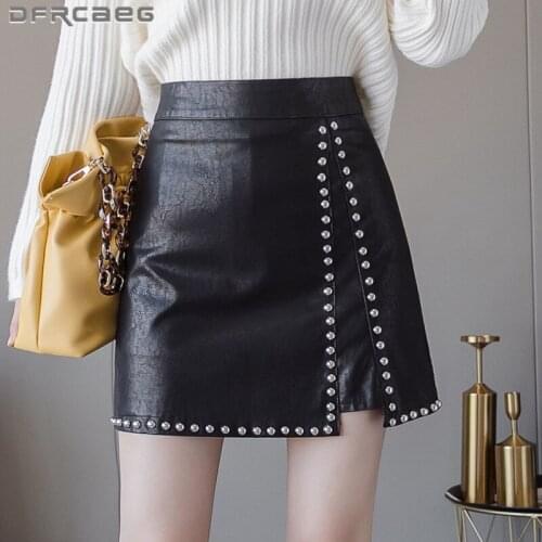 Autumn Winter Black Fashion Rivets PU Leather Skirts Women 2021 High Waist Office Ladies Slim Bottoms A-Line Skirt Short