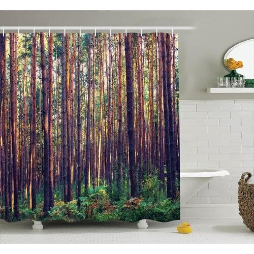 Farm House Shower Curtain Forest in The Morning Light Tall Trees Trunks Greenery Natural Environment Wall Decoration Curtains