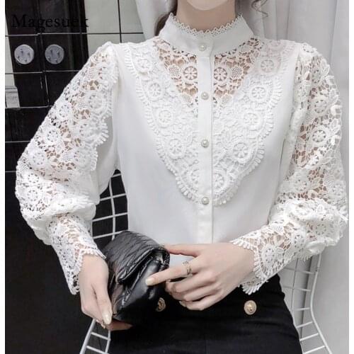 Spring Long Sleeve White Blouse Women New Korean Chic Lace Shirt Blouses Sweet Stand Collar Hollow Out Female Shirts Tops 12948